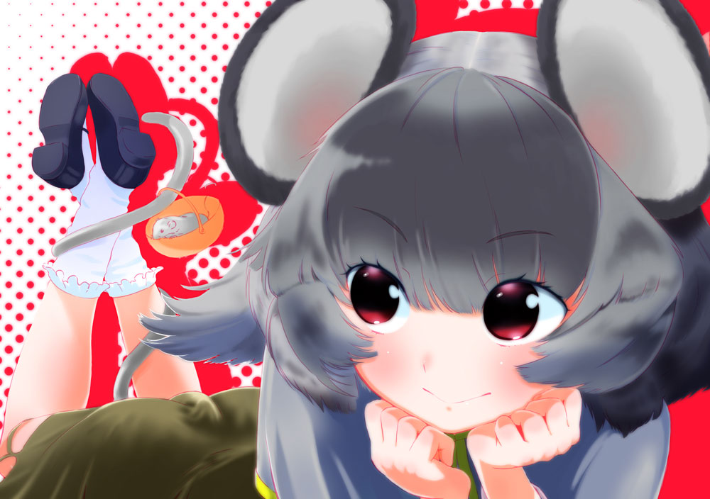 animal_ears bad_id bad_pixiv_id basket chin_rest crossed_legs face grey_hair lying mary_janes mouse mouse_ears mouse_tail nazrin red_eyes shoes short_hair sidelocks smile solo tail touhou yamada_ranga