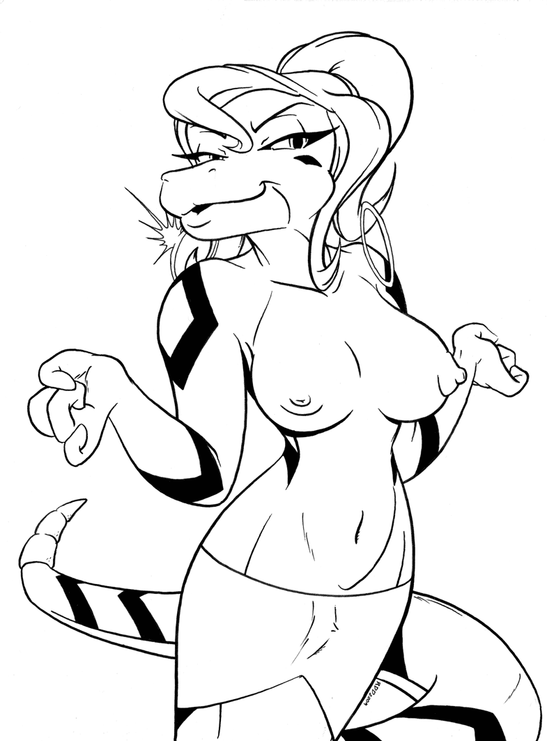 black_and_white breasts clothed clothing female half-dressed monochrome naga navel nipples plain_background pose presenting rattlesnake reptile scalie snake solo topless unknown_artist white_background