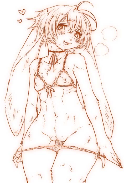 &hearts; blush breasts censored dripping female flat_chest hair knock_roman lagomorph line_art long_ears monochrome nipples orange_and_white pussy rabbit solo standing translucent underwear undressing