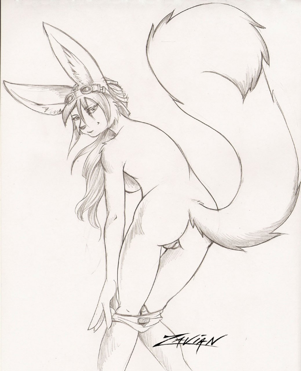 2010 bent_over breasts female goggles greyscale hybrid lagomorph looking_at_viewer looking_back monochrome nude panties pencils pussy rabbit side_boob sketch solo underwear undressing zavian