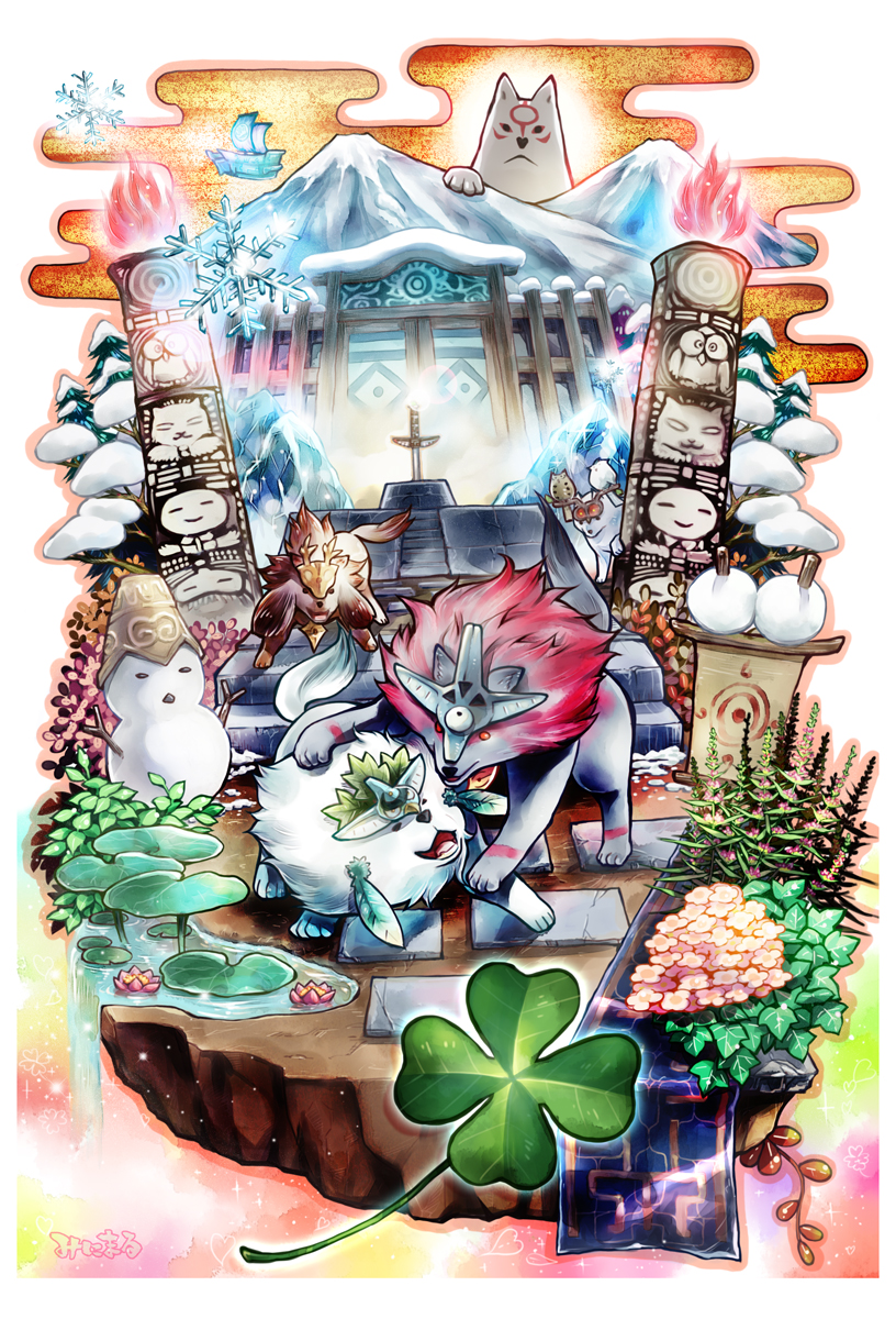 animal bodypaint building clover cross egasumi four-leaf_clover full_body highres hug looking_at_viewer minimaru no_humans ookami_(game) plant red_hair shrine snowman totem_pole tree wolf