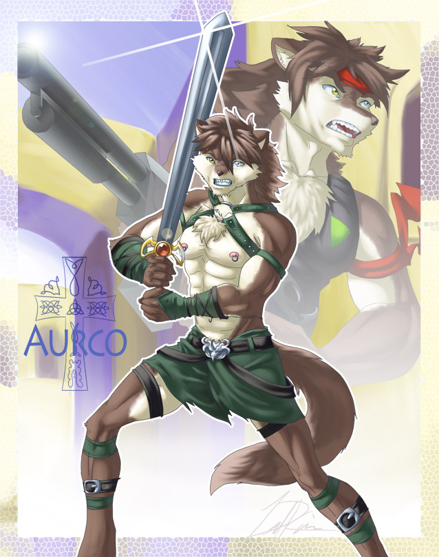 artwolfe canine chest_tuft gun male muscles nipple_piercing nipples piercing skimpy solo sword unconvincing_armour warrior weapon wolf