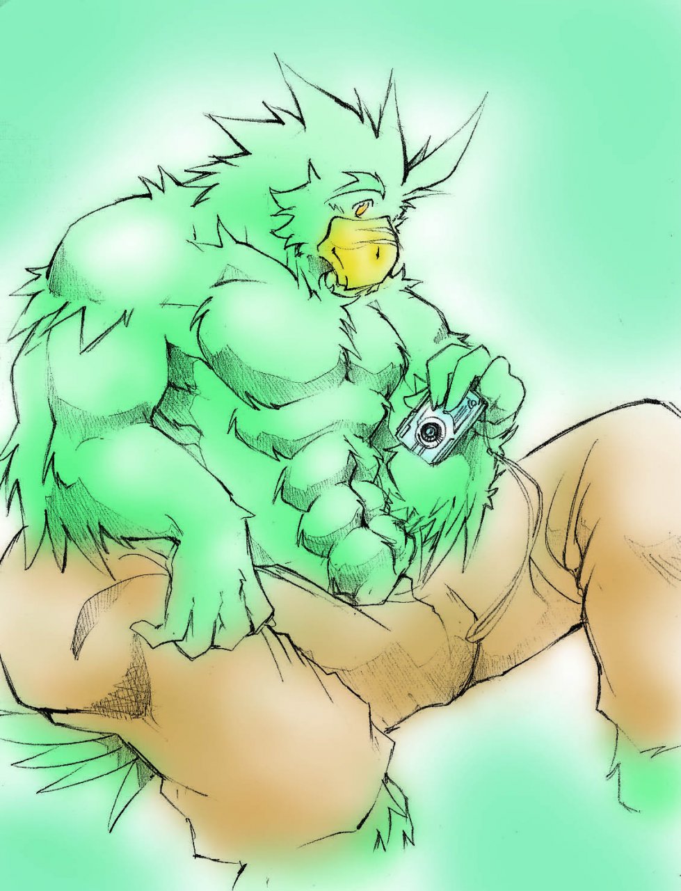 avian beak bird falcon feathers grin kokuhane looking_at_viewer male muscles presenting sitting solo spread_legs spreading stan_(kokuhane) yellow_eyes