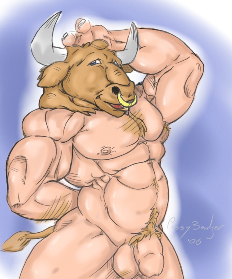 anthro balls big_balls blue_eyes bovine chest_tuft chubby facial_piercing fat flaccid fur horn horns huge_muscles human jewelry male mammal minotaur muscles nose_piercing nose_ring nude overweight penis piercing pissy_badger pissybadger pose solo tail tuft uncut