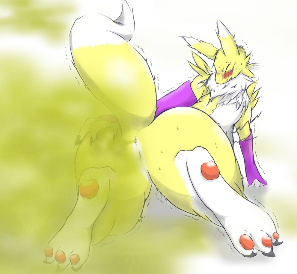 anus canine digimon eyes_closed fard fart female fox hindpaw mustard_gas raised_tail renamon solo tail teeth_clenched