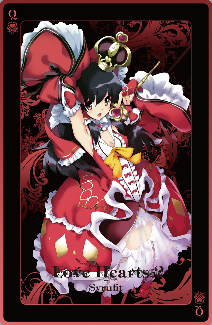 adapted_costume album_cover alternate_costume arm_up armpits black_hair bow card_(medium) cover crown detached_sleeves dress hair_bow hakurei_reimu long_hair queen red_eyes scepter see-through solo touhou usatsuka_eiji wand