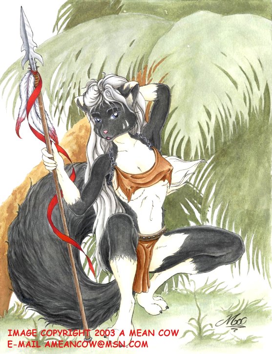 a_mean_cow barely_covered_breasts big_tail blue_eyes bra breasts canine cat crouching erect_nipples face_markings feline female fox hair hybrid loincloth long_hair long_white_hair looking_at_viewer pink_nose polearm skimpy solo spear tail underwear white_hair