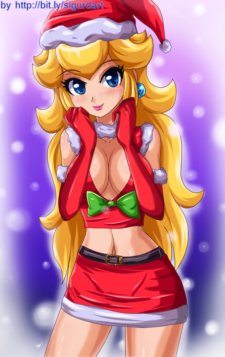 blonde_hair blue_eyes blush breasts christmas cleavage closed_mouth hat large_breast large_breasts lips long_hair nintendo panties princess_peach santa_costume santa_hat sigurd_hosenfeld sigurdhosenfeld solo super_mario_bros. underwear