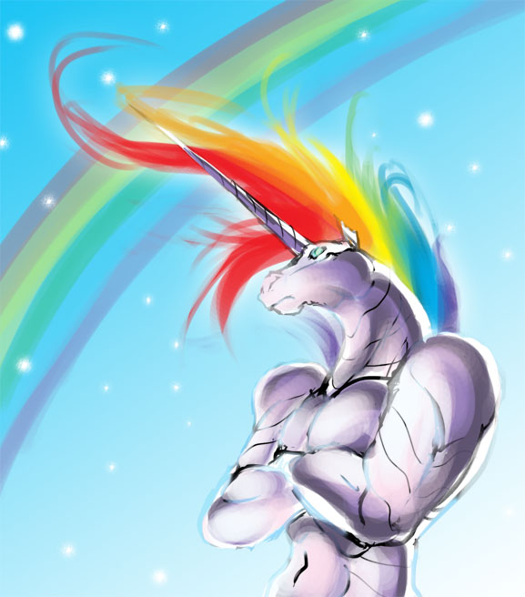 adult-swim blue_eyes crossed_arms crossmirage equine hair horns male muscles rainbow robot robot_unicorn_attack solo unicorn white