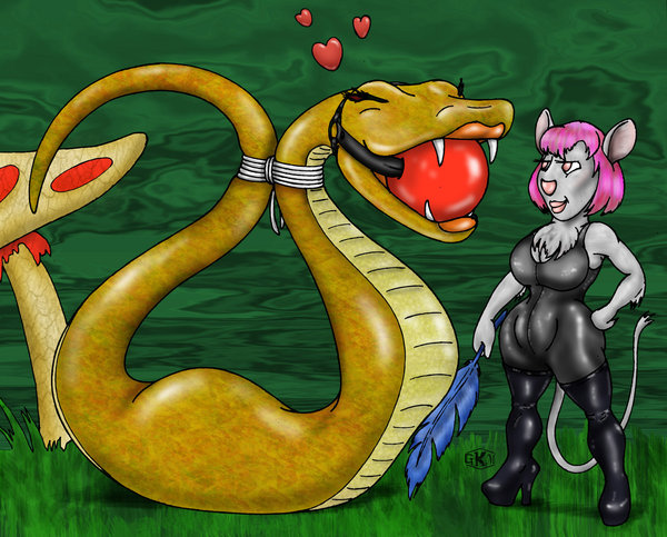 anthro anthro_bestiality ball_gag bdsm bondage boots camel_toe domination feather female feral hearts leather mouse mushroom pink_hair rodent rope snake zymurgea