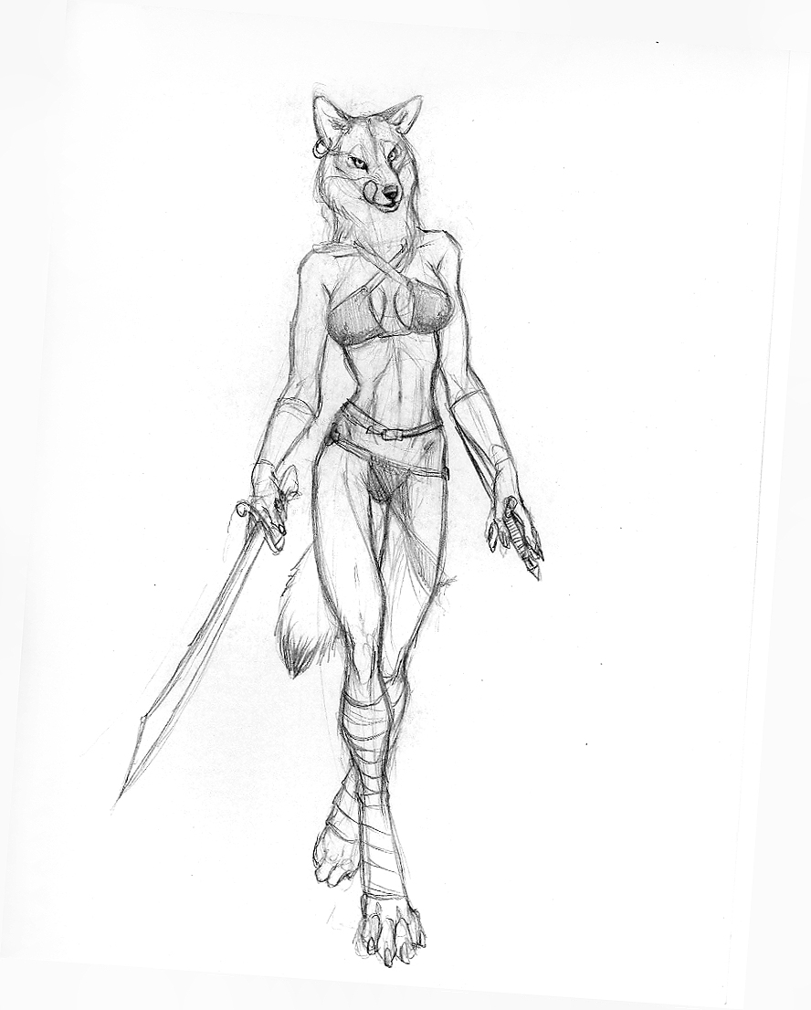 asheru_(setting) canine dagger digitigrade female licking_lips roshani scott_ruggels sketch skimpy solo sword tail weapon wolf