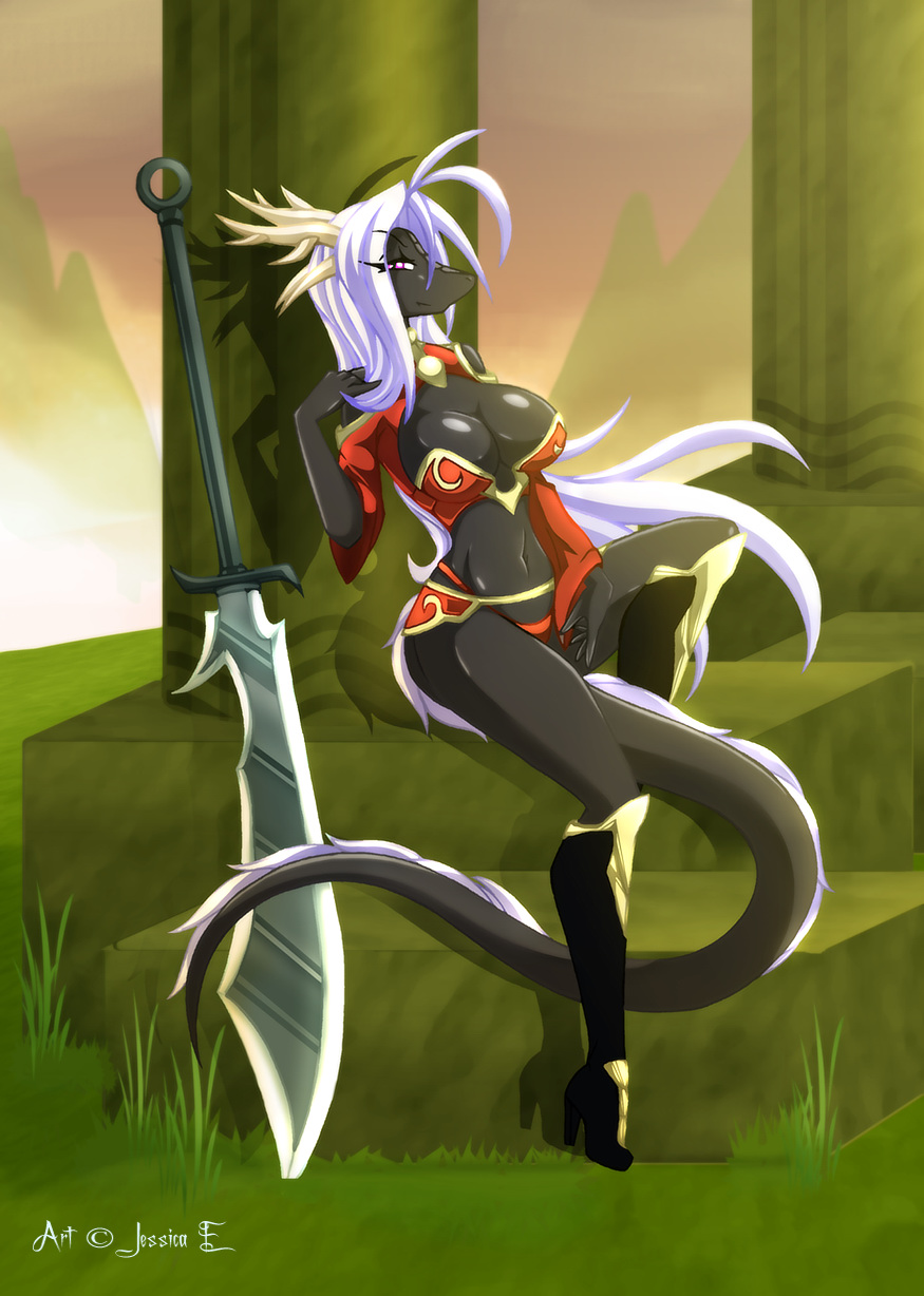 breasts cleavage clothed clothing dragon female grass hair horn horns jessica_elwood long_hair scalie sitting solo sword tail unconvincing_armor unconvincing_armour warrior weapon white_hair