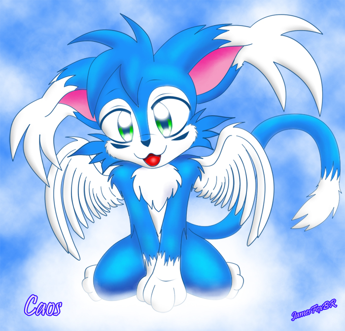 blue caos_(character) clouds cute feline green_eyes jamesfoxbr looking_at_viewer male nude open_mouth sky solo tail wings