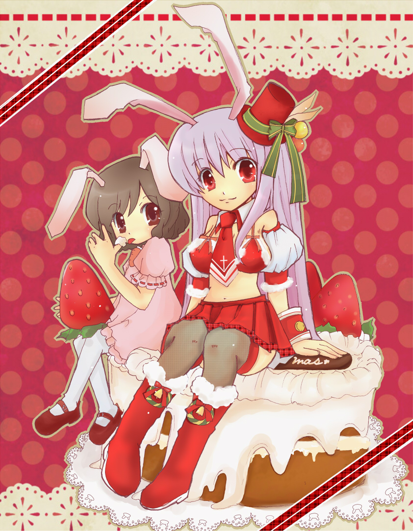 animal_ears boots bunny_ears cake doily fishnets food fruit hat inaba_tewi licking mary_janes midriff minigirl multiple_girls pantyhose reisen_udongein_inaba shoes sitting snowling strawberry thighhighs tongue tongue_out touhou white_legwear