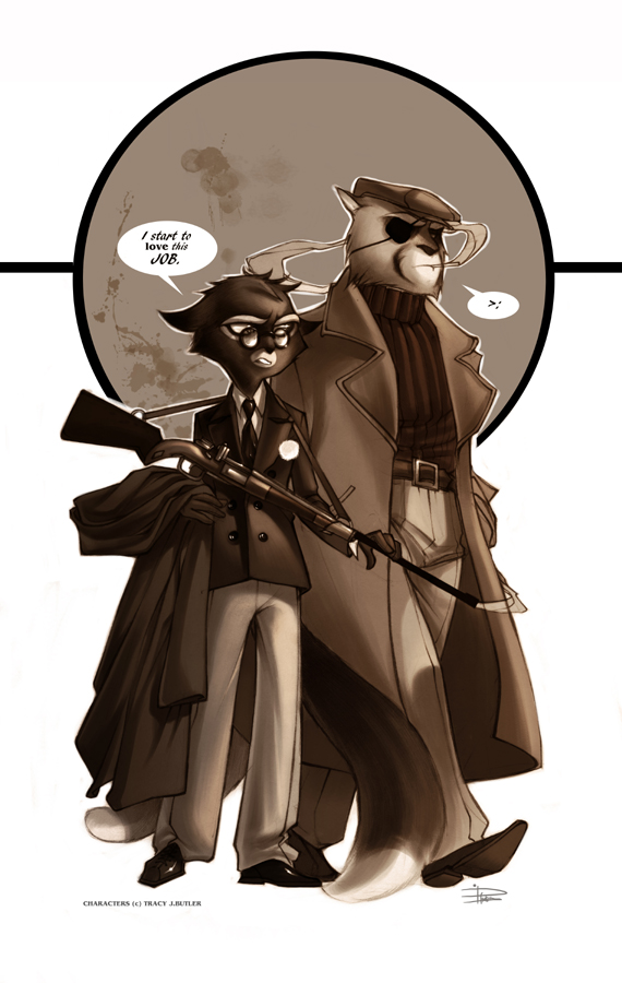 couple dialogue english_text feline glasses gun hat lackadaisy male monochrome mordecai phobs sepia simple_background smoking suit tie viktor weapon