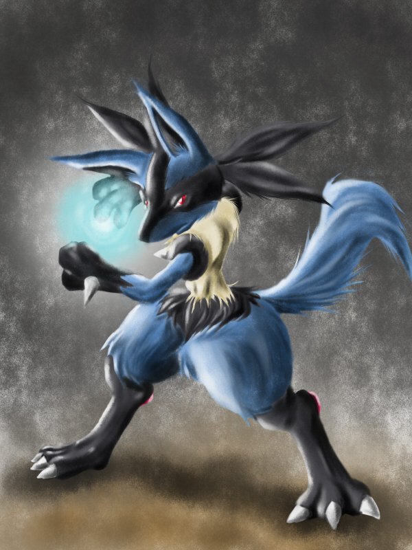 blue canine digitigrade looking_at_viewer lucario pok&eacute;mon red_eyes solo threeb