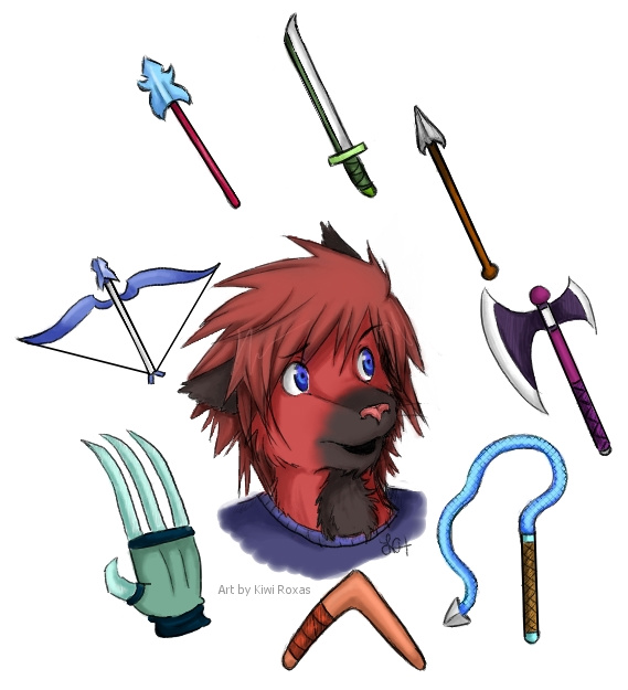blue_eyes boomerang bow bow_(weapon) canine claws kiwi_roxas male mammal pike plain_background polearm ranged_weapon rydian secret_of_mana solo spear sword weapon whip white_background