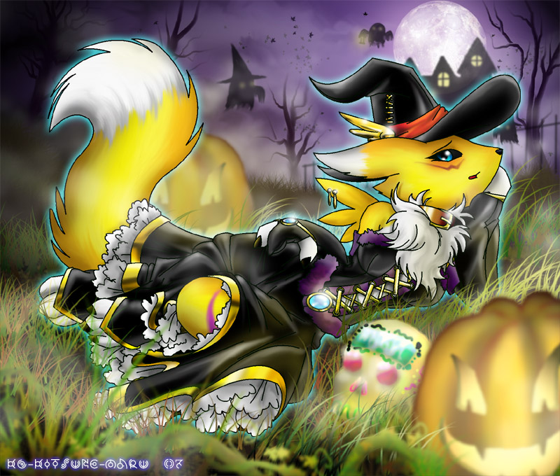 angello_cauich canine collar cosplay digimon dress female fox grass halloween hat lace on_side pumpkin renamon skull solo witch witch_hat