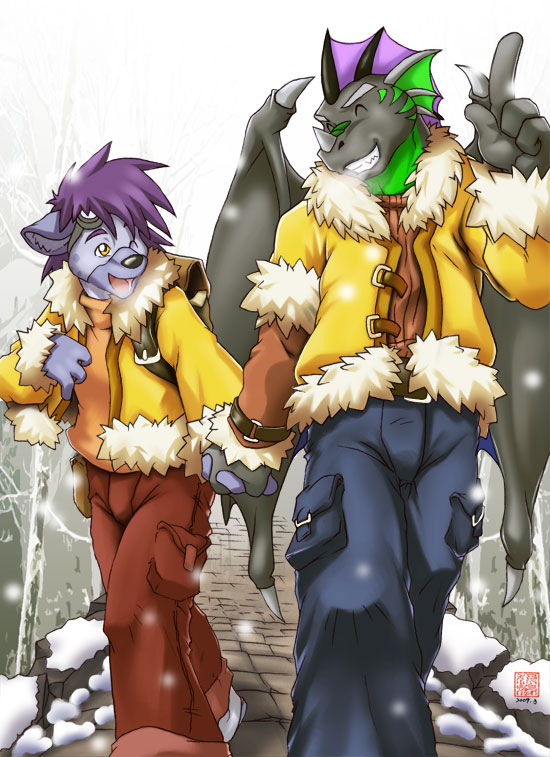 backpack couple crome dragon fgsfds gay goggles hand_holding hyena male preyfar scalie snow wings wink wmustang