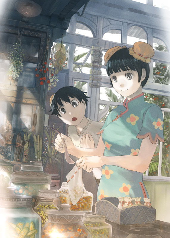 bad_id bad_pixiv_id bag bamboo bangs bare_arms black_hair blunt_bangs breasts bun_cover china_dress chinese_clothes closed_mouth cupboard curious day desk double_bun dress floral_print food fruit herb herb_bundle holding holding_spoon indoors jar leaning_forward looking_at_hand medium_breasts multiple_girls open_mouth original palm_tree pickle pickling plant plastic_bag ribbon_trim short_hair short_sleeves side_bun sliced smile spoon sunlight teikoku_shounen tray tree vase vegetable