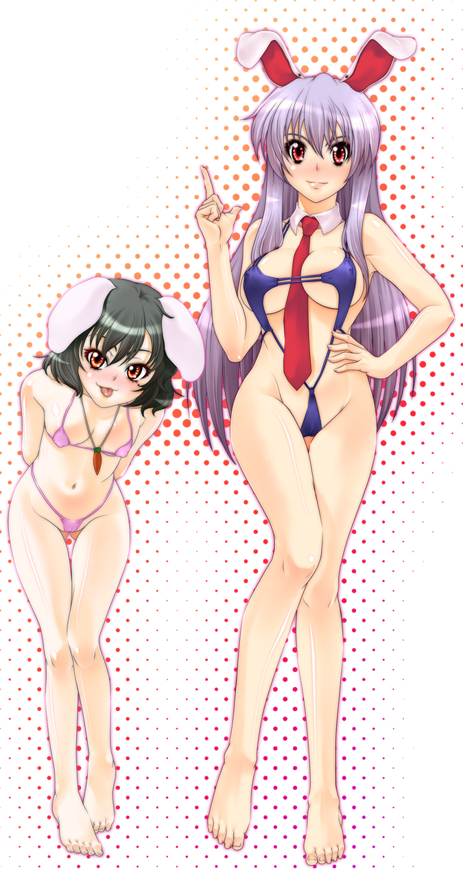 846-gou :p animal_ears barefoot between_breasts bikini black_hair breasts bunny_ears covered_nipples detached_collar feet groin highres inaba_tewi large_breasts leaning_forward long_hair micro_bikini multiple_girls necktie purple_hair red_eyes red_neckwear reisen_udongein_inaba short_hair swimsuit tongue tongue_out touhou