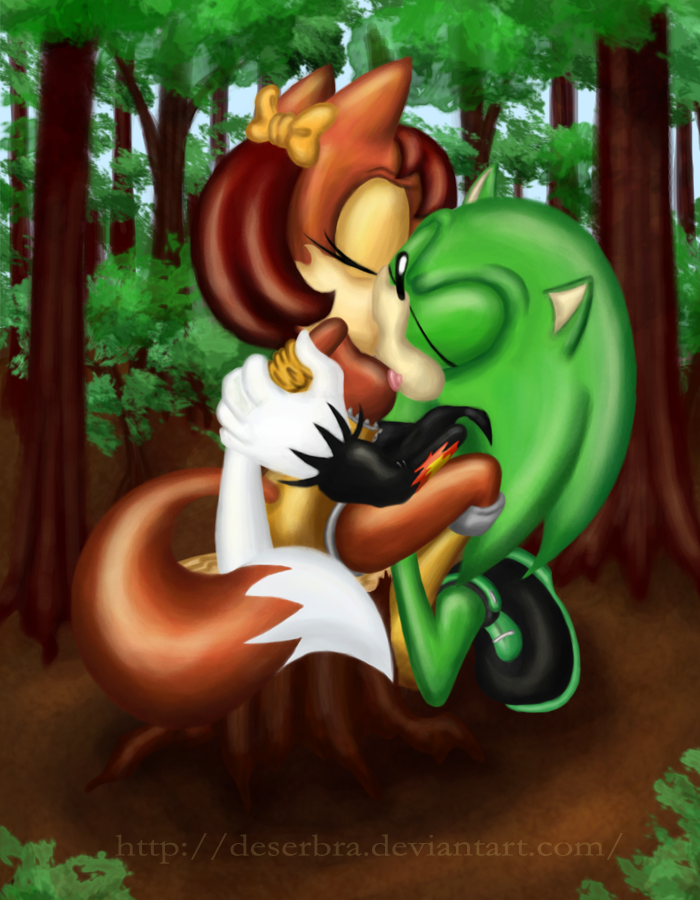 boots breasts canine eyes_closed female fiona_fox forest fox kissing male mobian scourge_the_hedgehog sega sitting sonic_(series) straight stump tree trees