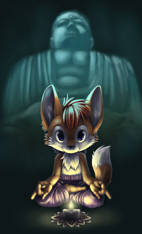 2010 barefoot blue_eyes buddha candle canine chest_tuft cute fire fox hair hindpaw looking_at_viewer male meditation pants plantigrade red_hair short_hair short_red_hair silverfox5213 solo statue tail topless