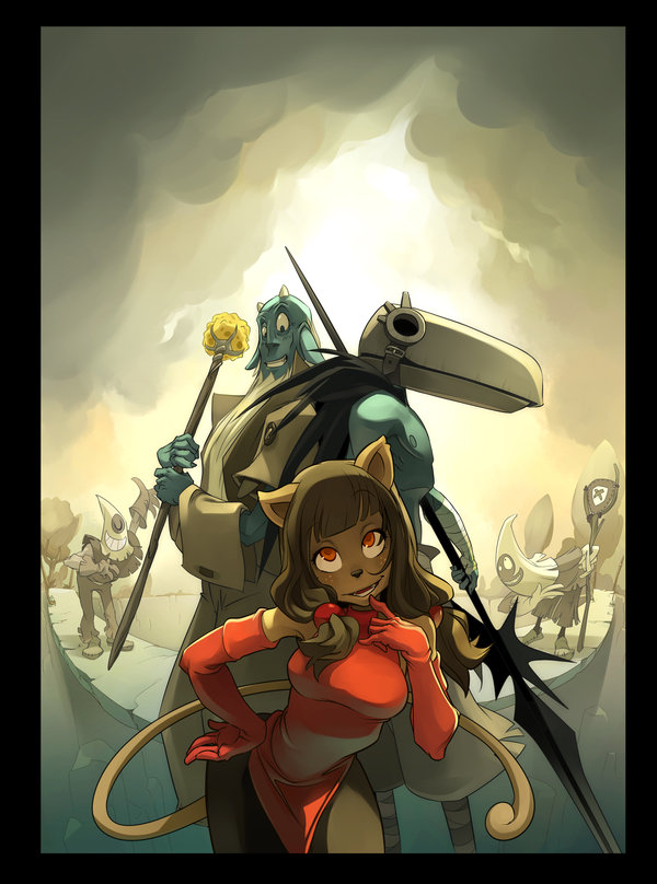 black_hair blue brown brown_fur brown_hair cat coat dress ecaflip facial_hair feline female fur gloves gueuzav hair male mammal miranda_(wakfu) official_art osamodas polearm red_dress red_eyes spear staff standing suit tail wakfu