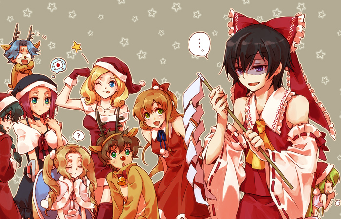 3boys 6+girls ? animal_costume ascot ball black_hair blush bow c.c. christmas closed_eyes code_geass cosplay crossdressing crossover detached_sleeves flag gohei green_eyes hair_bow hair_over_eyes hakurei_reimu hakurei_reimu_(cosplay) hat japanese_flag kallen_stadtfeld kururugi_suzaku lelouch_lamperouge long_hair mecco milly_ashford multiple_boys multiple_girls nina_einstein no_eyes nunnally_lamperouge otoko_no_ko reindeer_costume rivalz_cardemonde santa_costume santa_hat shaded_face shirley_fenette short_hair star touhou when_you_see_it