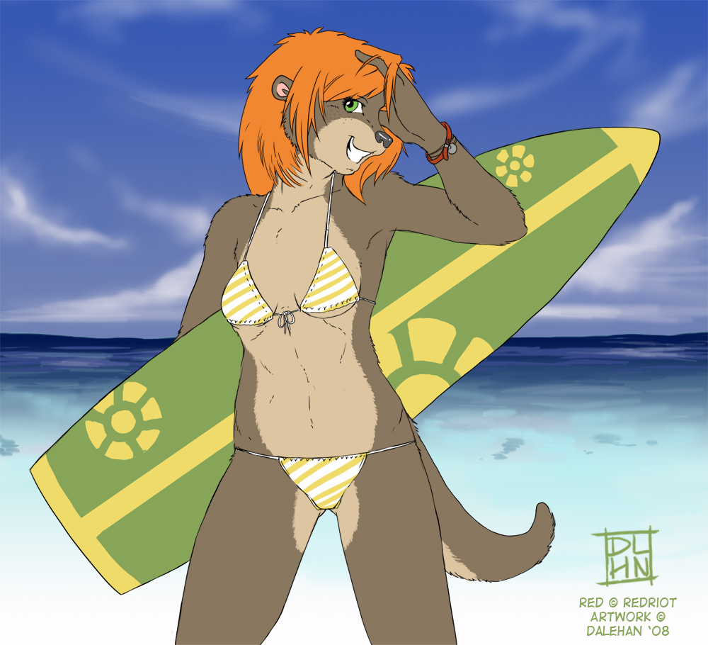 2008 beach bikini dalehan female ginger orange_hair otter outside seaside shore skimpy solo surfboard water