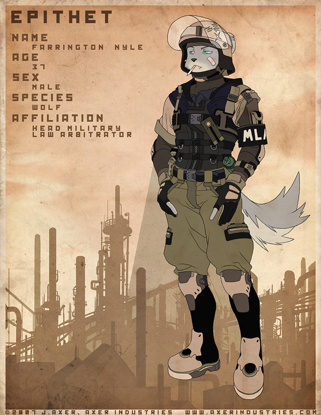 2007 armband band_aid canine cigarette epithet green_eyes helmet j_axer male military military_uniform smoking solo straps wolf