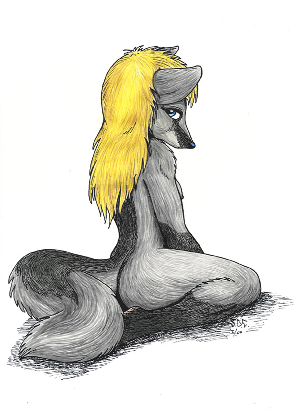 blanford's_fox blonde_hair blue_eyes breasts canine female fox hair ironbadger looking_at_viewer nipples nude shy side_boob solo