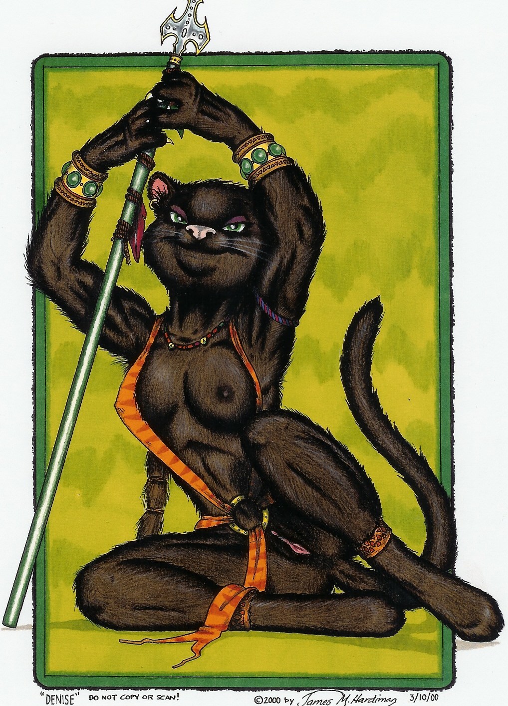 anthro anus bracelet breasts claws clothed clothing feline female green_eyes hot_pussy james_m_hardiman jewelry looking_at_viewer mammal nipples polearm pussy skimpy solo staff weapon whiskers