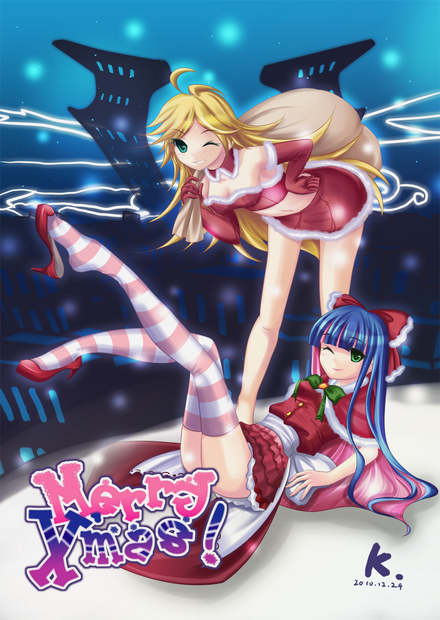 dress high_heels highres kon@ legs multiple_girls panty_&amp;_stocking_with_garterbelt panty_(psg) red_dress santa_costume shoe_dangle shoes stocking_(psg) striped striped_legwear thighhighs