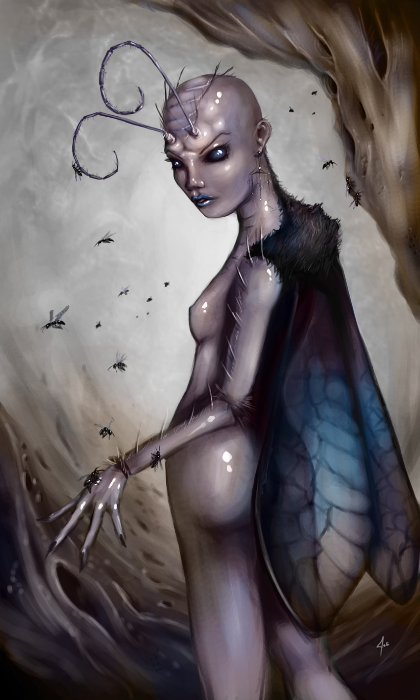 antennae anthro arthropod bald breasts bug butt claws drasler female feral group insect insectoid looking_at_viewer nipples nude pose side_boob solo solo_focus wings