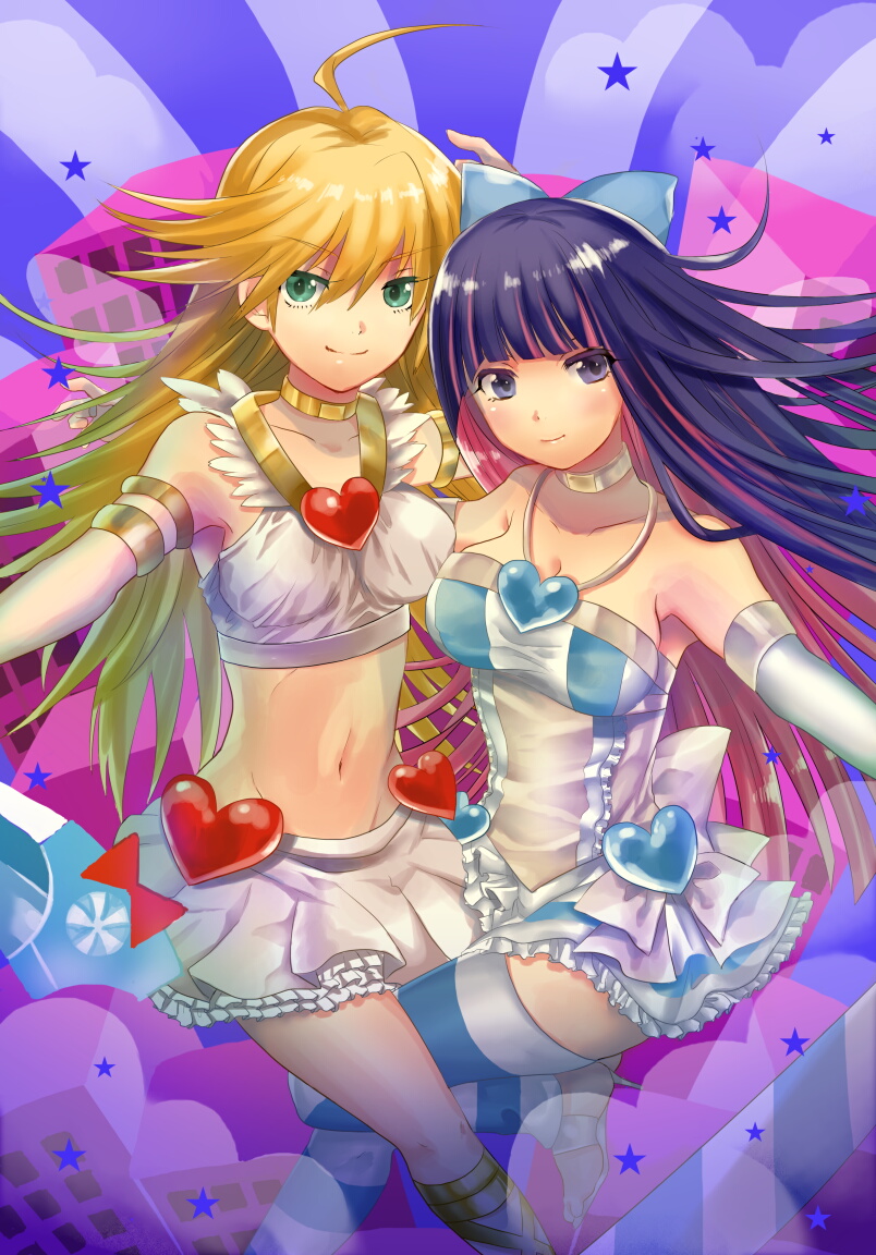 bad_id bad_pixiv_id blonde_hair blue_eyes breasts cleavage hayama_eishi jewelry long_hair midriff multicolored_hair multiple_girls navel panty_&amp;_stocking_with_garterbelt panty_(psg) shirt small_breasts stocking_(psg) striped striped_legwear taut_clothes taut_shirt thighhighs two-tone_hair