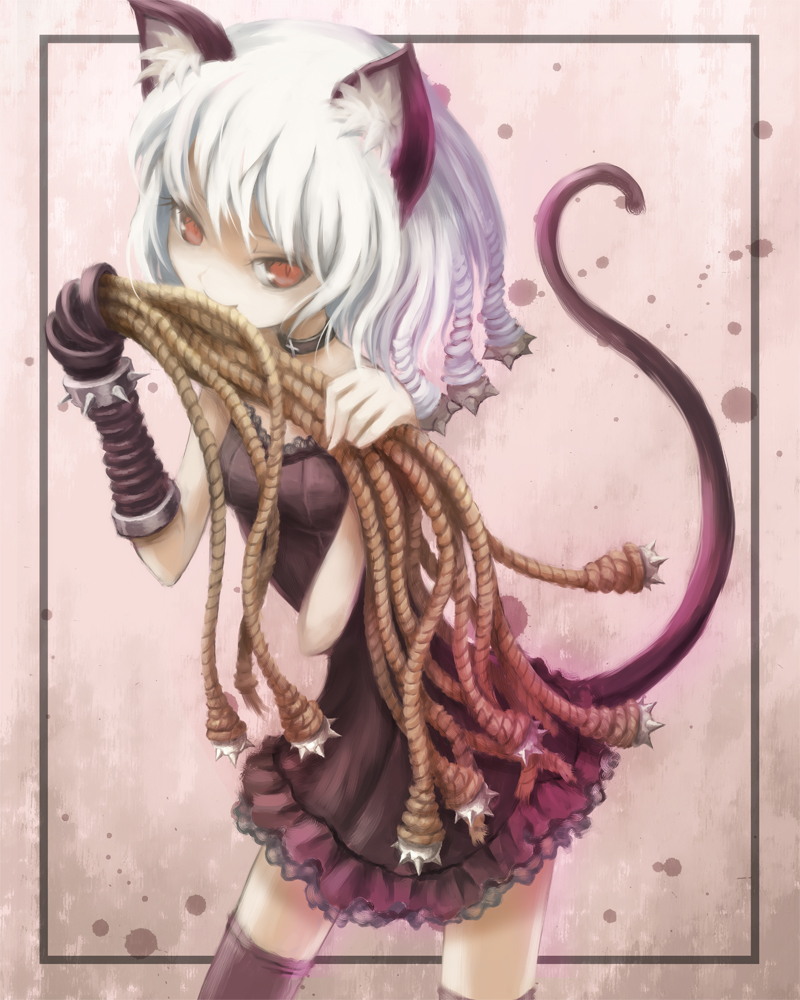 animal_ears cat_ears cat_o'_nine_tails cat_tail light_smile mouth_hold original red_eyes rope short_hair solo tail thighhighs ume_(illegal_bible) whip white_hair zettai_ryouiki
