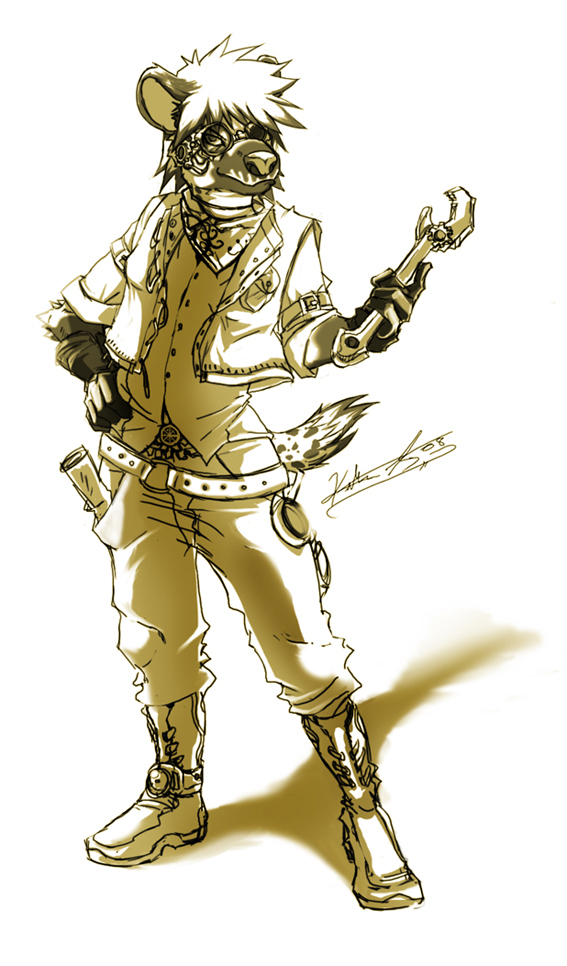 belt boots chou cybill gloves goggles handkerchief hyena looking_at_viewer solo spots steampunk vest western wrench