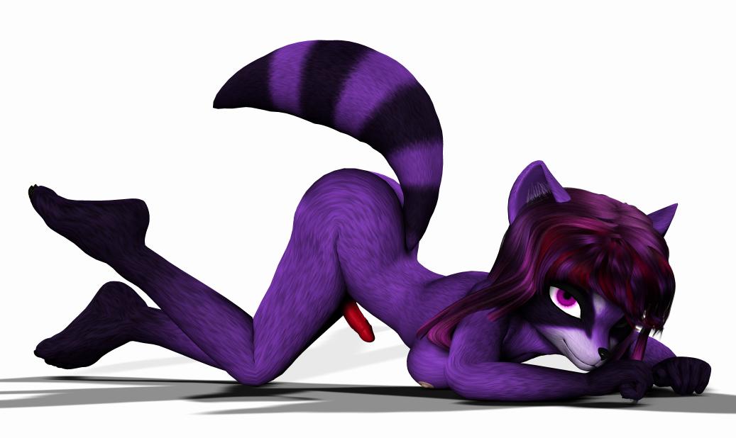 all_fours ass_up black breasts cgi dessedac erection glans hair herm intersex long_hair long_purple_hair looking_at_viewer nipples nude penis purple purple_eyes purple_hair raccoon solo striped_tail tail white_background
