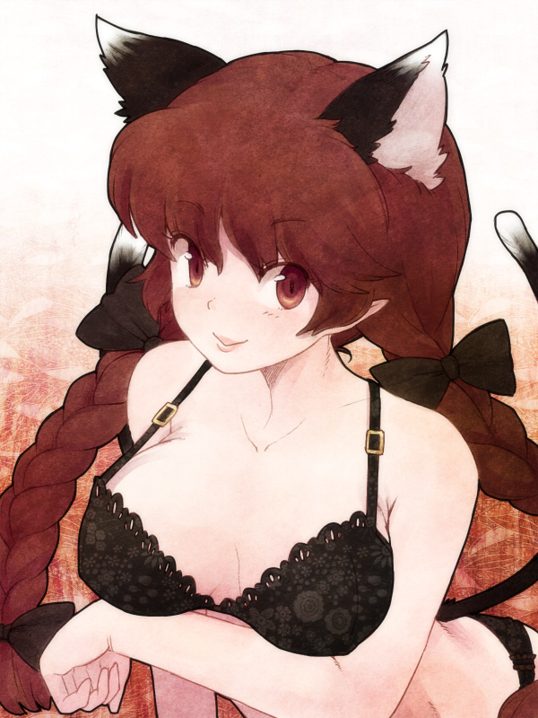 animal_ears bad_id bad_pixiv_id black_bra black_panties bra braid breast_hold breasts cat_ears cat_tail extra_ears kaenbyou_rin lingerie panties red_eyes red_hair solo tail touhou twin_braids twintails underwear underwear_only urin