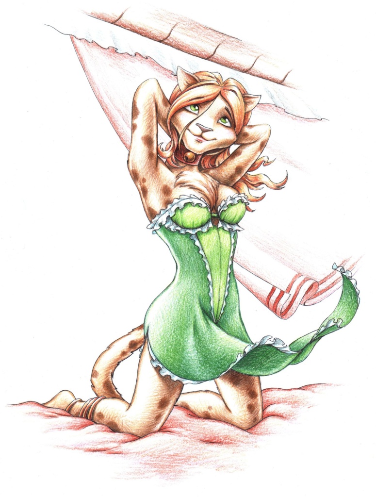 anklet antaeus bell chest_tuft cleavage collar curtains dandelion_(character) dress feline female green_eyes kneeling lion red_hair solo tail wind