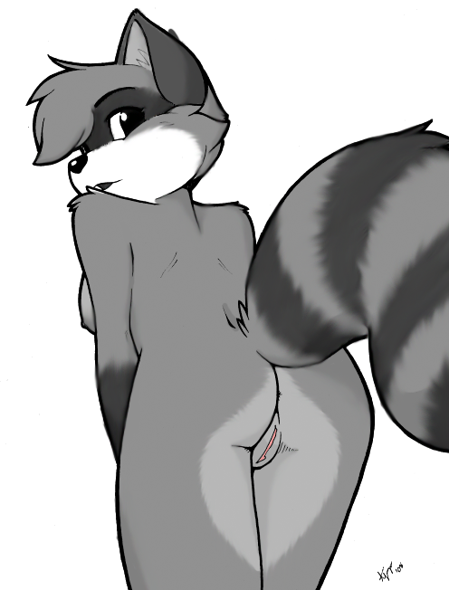 ajin anus black_eyes breasts color edit female looking_at_viewer looking_over_shoulder nude pussy raccoon raised_tail side_boob sketch solo tail