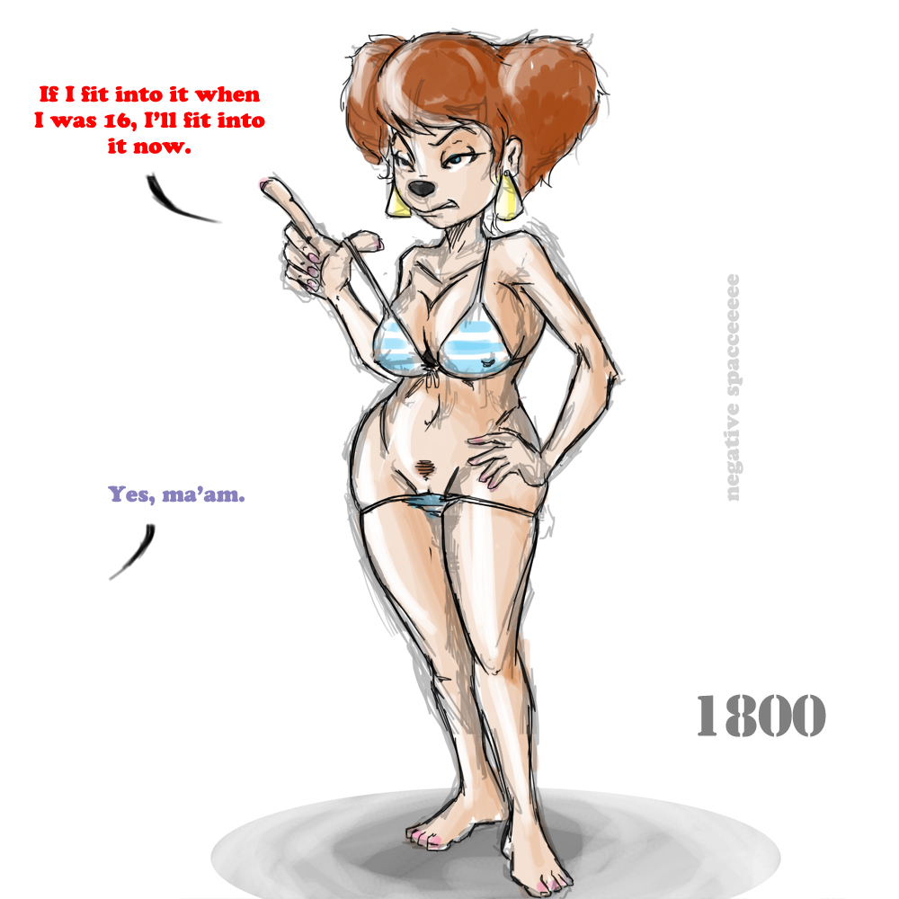 1800 34from1800 big_breasts bikini blue_eyes breasts brown_hair clothed clothing dialog disney ear_piercing english_text female goof_troop hair nipples peg peg_pete piercing plain_background pubes pussy skimpy swimsuit text tight_clothing white_background
