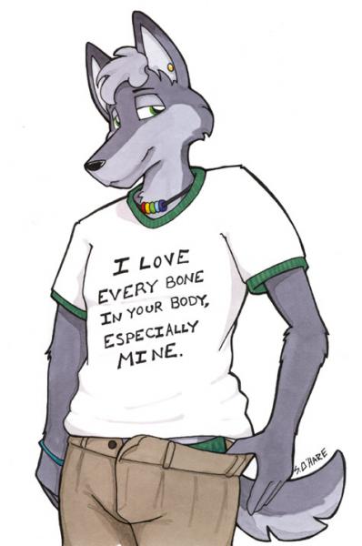 2001 bad_pun blank_background bracelet canine clothed ear_piercing earring funny green_eyes grey_hair hair jewelry looking_at_viewer male necklace piercing rainbow_necklace rainbow_symbol sean_o'hare shirt smile solo tail undressing vintage white_background wolf