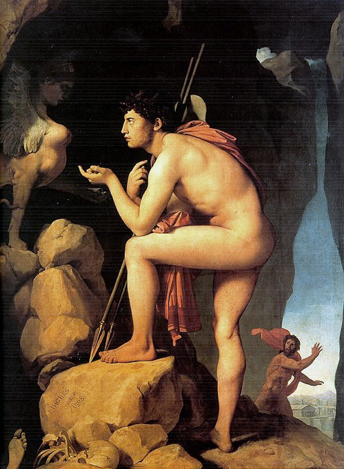 ancient_furry_art art breasts cave corpse female human jean_auguste_dominique_ingres male nude oedipus painting penis polearm proper_art skeleton spear sphinx toga wings