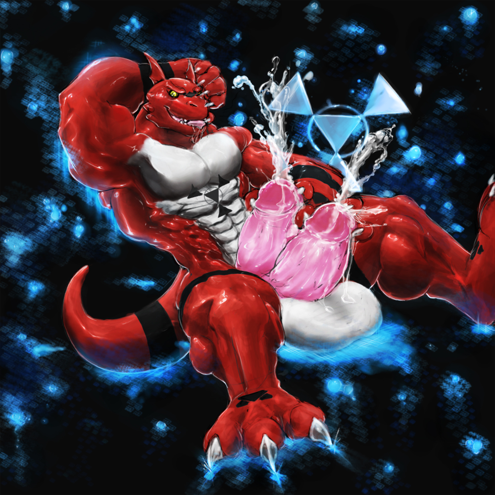 balls big_balls big_penis claws cum digimon dragon guilmon male multi_cock muscles penis red scalie solo tail