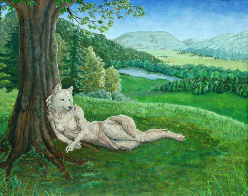 canine eosfoxx female field grass loincloth mammal solo topless tree underwear wolf wood