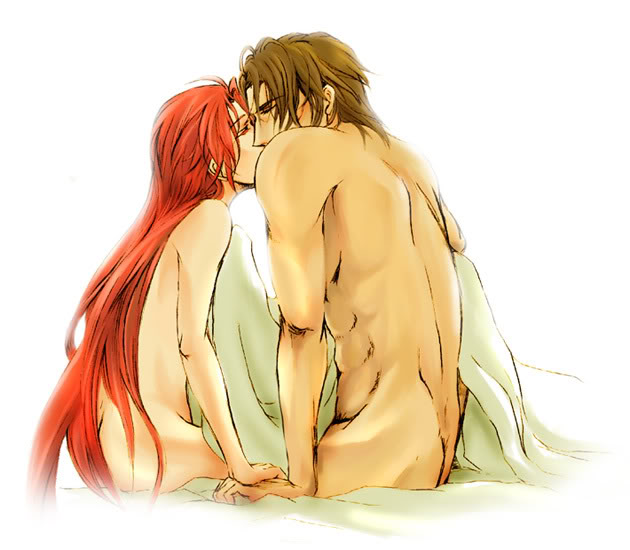 arm arms ass bare_back bed bed_sheet brown_hair couple eyes_closed fire_emblem fire_emblem:_akatsuki_no_megami fire_emblem:_souen_no_kiseki fire_emblem_path_of_radiance fire_emblem_radiant_dawn haar hand_holding jill jill_(fire_emblem) jill_fizzart kiss kissing long_hair love midriff nude red_eyes red_hair short_hair sitting under_covers very_long_hair wyvern_rider
