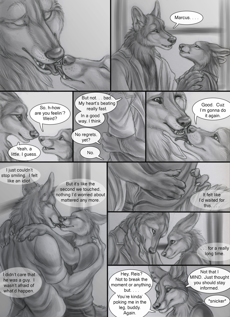 canine comic cruelty_(comic) fox gay kissing love male marcus reis rukis smile touch wolf