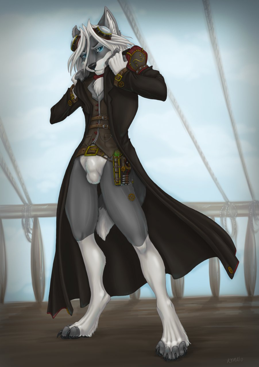 balls blue_eyes boat bottomless canine cape clothed clothing hair half-dressed khyle kyma long_hair looking_at_viewer male mammal sheath solo steampunk white_hair wolf